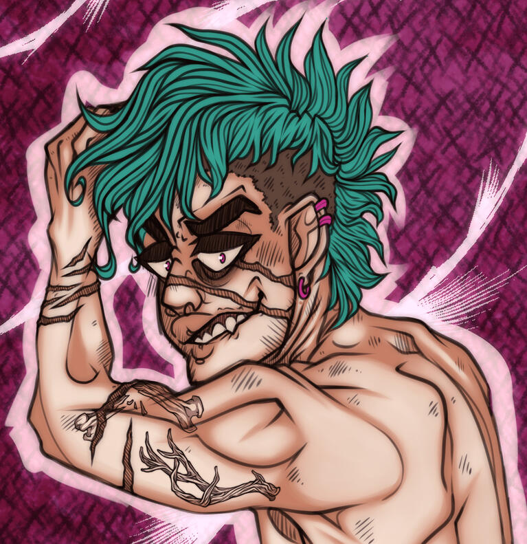 Bust with linework, only colored. Simple background.